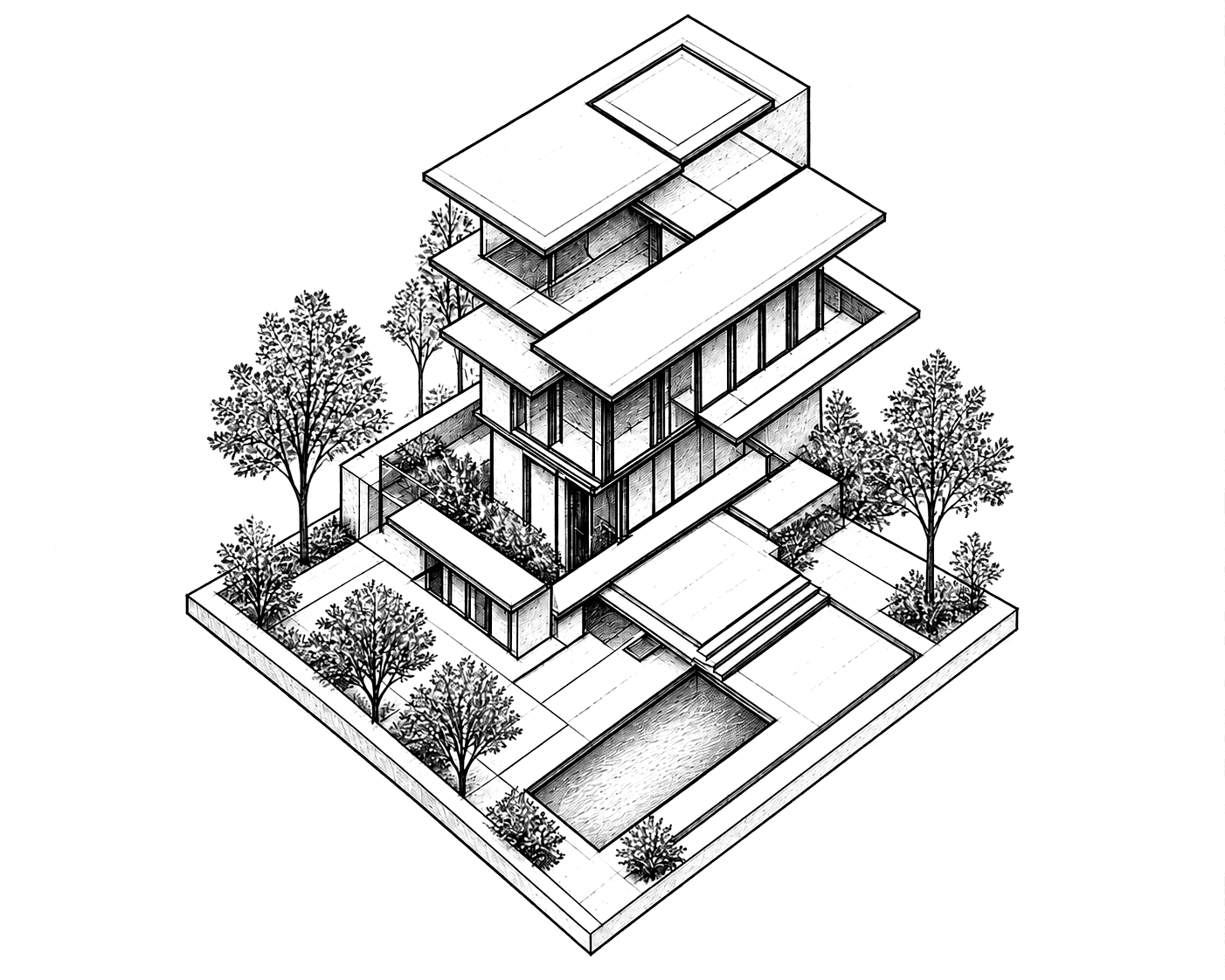 Exploded isometric diagram of a building's floors