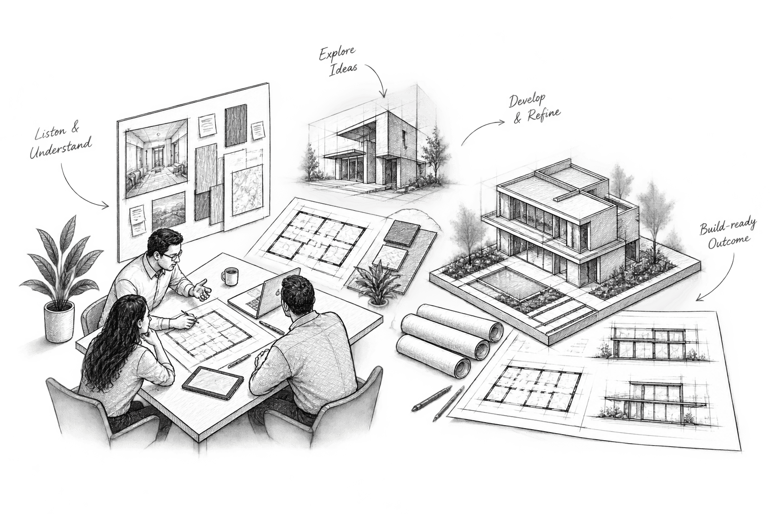 Diagram of the design process from listening to a build-ready outcome
